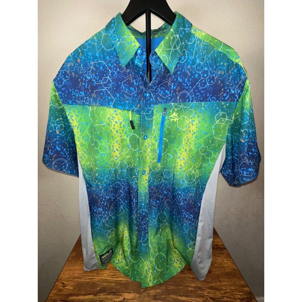 Loco Skaile Brand Anglers Shirt Blue Green Hexagon Geometric Medium Cruise